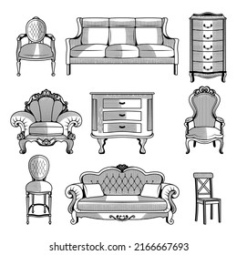 Retro furniture. Interior vintage objects sofa chair bed engraving pictures of wardrobe recent vector hand drawn illustrations set