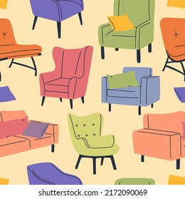 Retro furniture seamless pattern. Cartoon or comic vector graphic of chairs and sofas. Colorful vintage interior illustrations.