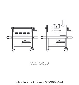 Retro furniture set compact bbq grill , smokehouse line icon. Summer travel vacation, tourism, camping equipment. Backyard classic lunch. Outdoor family picnic, food sign and symbol. Hiking lifestyle