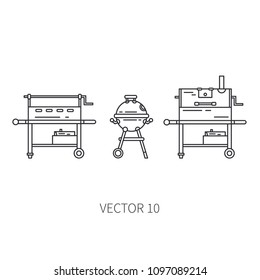 Retro furniture set compact bbq grill , smokehouse line icon. Summer travel vacation, tourism, camping equipment. Backyard classic lunch. Outdoor family picnic, food sign and symbol. Hiking lifestyle