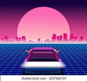 Retro future. 80s style sci-fi background with supercar. Futuristic retro car. Vector retro futuristic synth illustration in 1980s posters style. Suitable for any print design in 80s style
