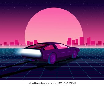 Retro future. 80s style sci-fi background with supercar. Futuristic retro car. Vector retro futuristic synth illustration in 1980s posters style. Suitable for any print design in 80s style