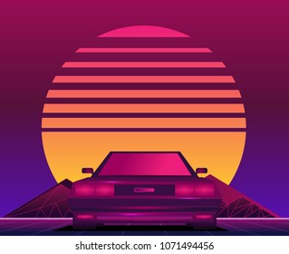 Retro future, 80s style Sci-Fi Background. Futuristic car.