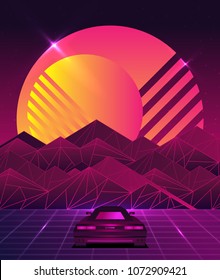 Retro-Zukunft, Sci-Fi-Hintergrund im Stil der 80er Jahre. Futuristisches Auto.