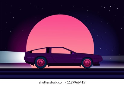 Retro future. 80s style sci-fi background with supercar. Futuristic retro car. Vector retro futuristic synth illustration in 1980s posters style. Suitable for any print design in 80s style