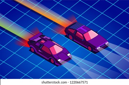 Retro future. 80s style sci-fi background with supercars. Futuristic retro cars. Vector retro futuristic synth illustration in 1980s posters style. Suitable for any print design in 80s style. Vector