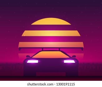 Retro future, 80s style Sci-Fi Background. Futuristic car.