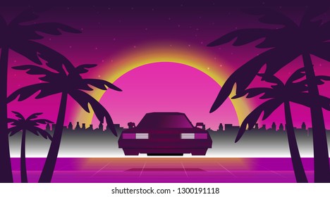 Retro future, 80s style Sci-Fi Background. Futuristic car.