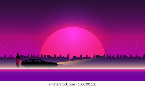 Retro future, 80s style Sci-Fi Background. Futuristic car.
