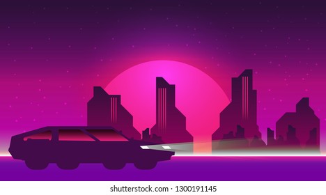 Retro future, 80s style Sci-Fi Background. Futuristic car.
