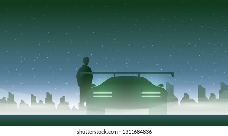Retro future, 80s style Sci-Fi Background. Futuristic car.
