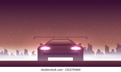 Retro future, 80s style Sci-Fi Background. Futuristic car.