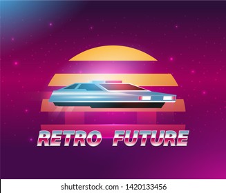 Retro future, 80s style Sci-Fi Background. Futuristic car.
