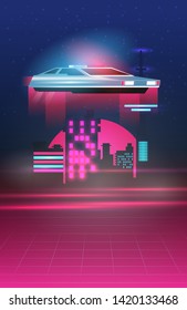 Retro future, 80s style Sci-Fi Background. Futuristic car.