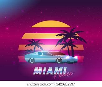 Retro future, 80s style Sci-Fi Background. Futuristic car.