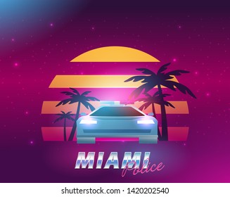 Retro future, 80s style Sci-Fi Background. Futuristic car.