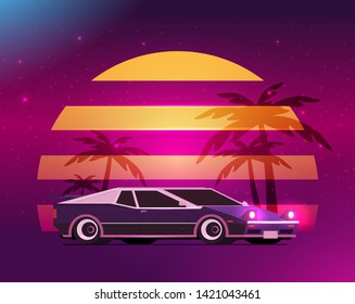 Retro future, 80s style Sci-Fi Background. Futuristic car.