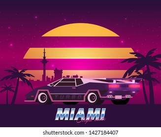 Retro future, 80s style Sci-Fi Background. Futuristic car.
