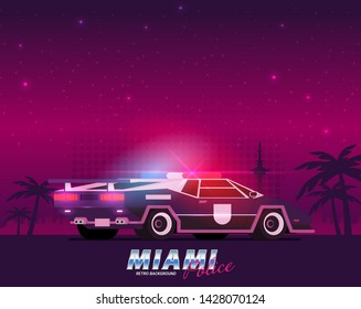 Retro future, 80s style Sci-Fi Background. Futuristic car.