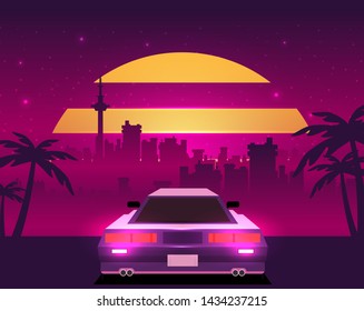 Retro future, 80s style Sci-Fi Background. Futuristic car.