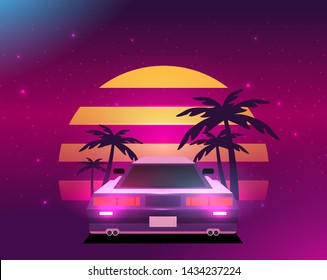 Retro Future, 80s Style Sci-Fi Background. Futuristic Car.