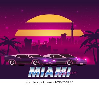 Retro future, 80s style Sci-Fi Background. Futuristic car.