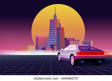 Retro Future. 80s Style Sci-fi Background With Supercar. Futuristic Retro Car. Vector Retro Futuristic Synth Illustration In 1980s Posters Style. Suitable For Any Print Design In 80s Style