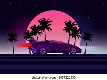 Retro future. 80s style sci-fi background with supercar. Futuristic retro car. Vector retro futuristic synth illustration in 1980s posters style. Suitable for any print design in 80s style