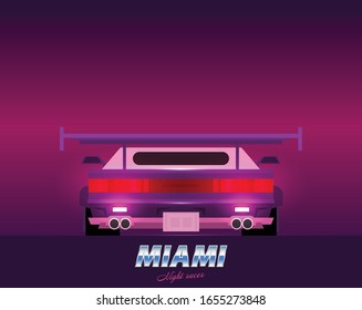 Retro future, 80s style Sci-Fi Background. Futuristic car.