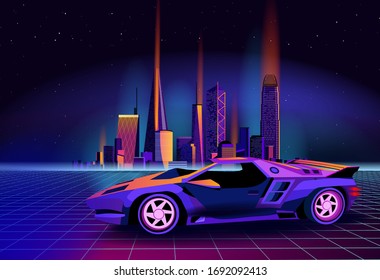 Retro Future. 80s Style Sci-fi Background With Supercar. Futuristic Retro Car And City. Vector Retro Futuristic Synth Illustration In 1980s Posters Style. Suitable For Any Print Design In 80s Style