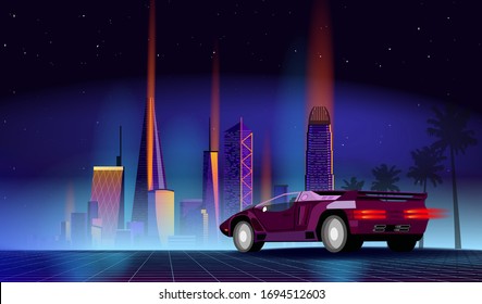 Retro future. 80s style sci-fi background with supercar. Futuristic retro car and city. Vector retro futuristic synth illustration in 1980s posters style. Suitable for any print design in 80s style