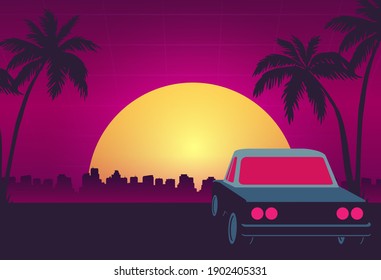 Retro future, 80s style Sci-Fi Background. Futuristic car.