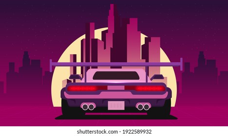 Retro future, 80s style Sci-Fi Background. Futuristic car.