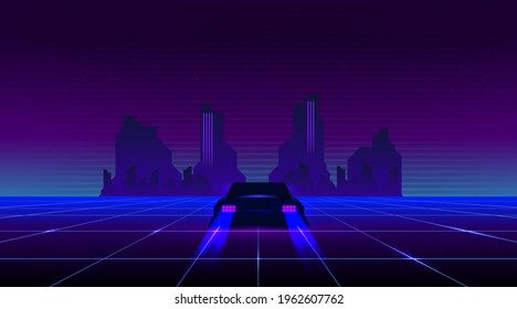 Retro future, 80s style Sci-Fi Background. Futuristic car.