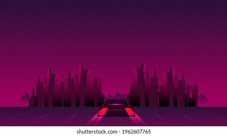 Retro future, 80s style Sci-Fi Background. Futuristic car.