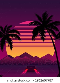 Retro future, 80s style Sci-Fi Background. Futuristic car.