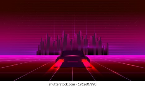 Retro future, 80s style Sci-Fi Background. Futuristic car.