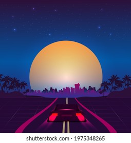 Retro future, 80s style Sci-Fi Background. Futuristic car.