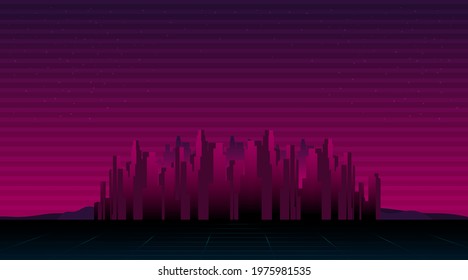 Retro future, 80s style Sci-Fi Background. Futuristic car.