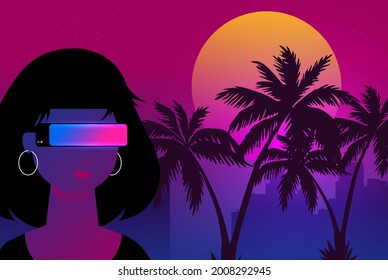 Retro future, 80s style Sci-Fi Background. Futuristic car.