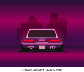 Retro future, 80s style Sci-Fi Background. Futuristic car.