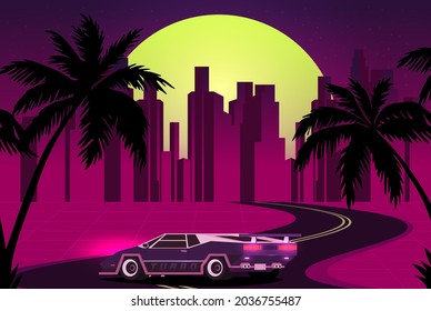 Retro future, 80s style Sci-Fi Background. Futuristic car.
