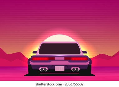 Retro Future, 80s Style Sci-Fi Background. Futuristic Car.