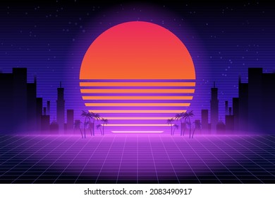 Retro future 80s style sci-fi wallpaper. Futuristic night city. Cityscape on a dark background with bright and glowing neon purple and blue lights. Cyberpunk and retro wave style vector illustration.