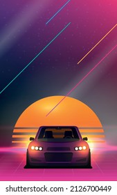 Retro Future, 80s Style Sci-Fi Background. Futuristic Car.