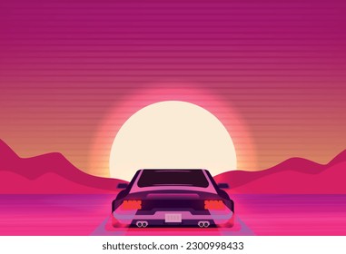 Futuro retro, fondo de ciencia ficción de los años 80. Auto futurista.