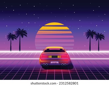 Retro future. 80s style sci-fi background with supercar. Futuristic retro car. Vector retro futuristic synth illustration in 1980s posters style. Suitable for any print design in 80s style
