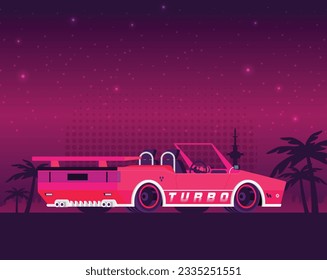 Retro future, 80s style Sci-Fi Background. Futuristic car.
