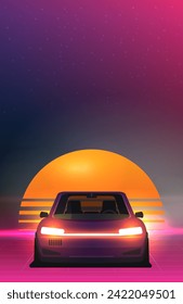 Retro future, 80s style Sci-Fi Background. Futuristic car.