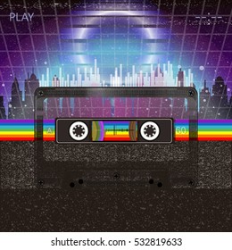 Retro future, 80s style Sci-Fi Background. Musical background in retro style. Wave music album cover. Old audio cassette and a ray of rainbow 